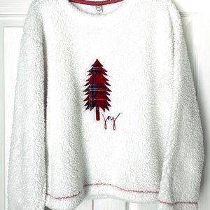Christmas Fluffy Top with Flannel Plaid Tree Joy Appliqué